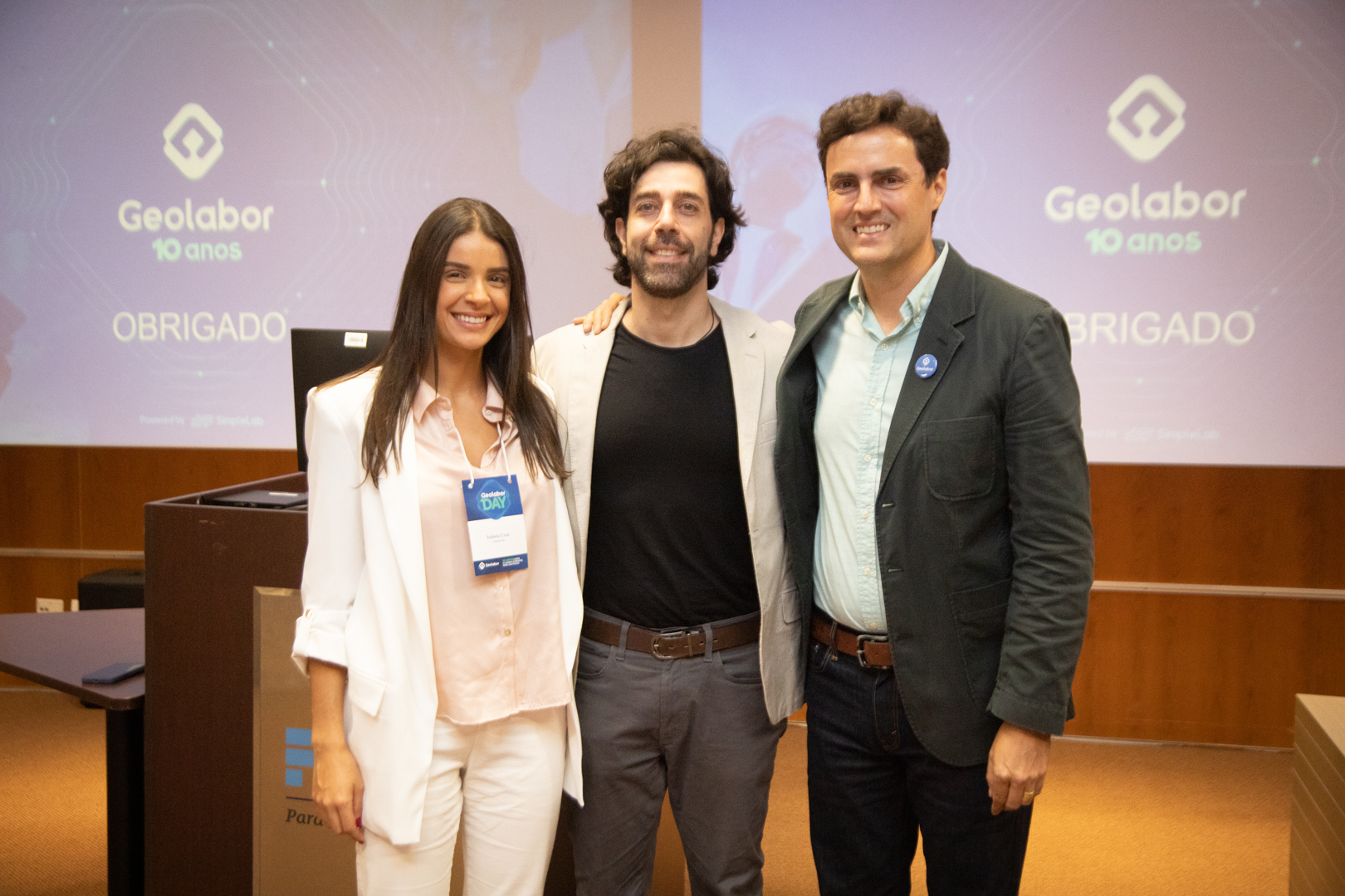 Isabella Cruz, gerente de projetos do Geolabor; Samir Chammas, Ceo e fundador; com Eduardo Suski, diretor de operações.